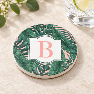 Tropical Green Palm Leaves Coral Monogram Coaster