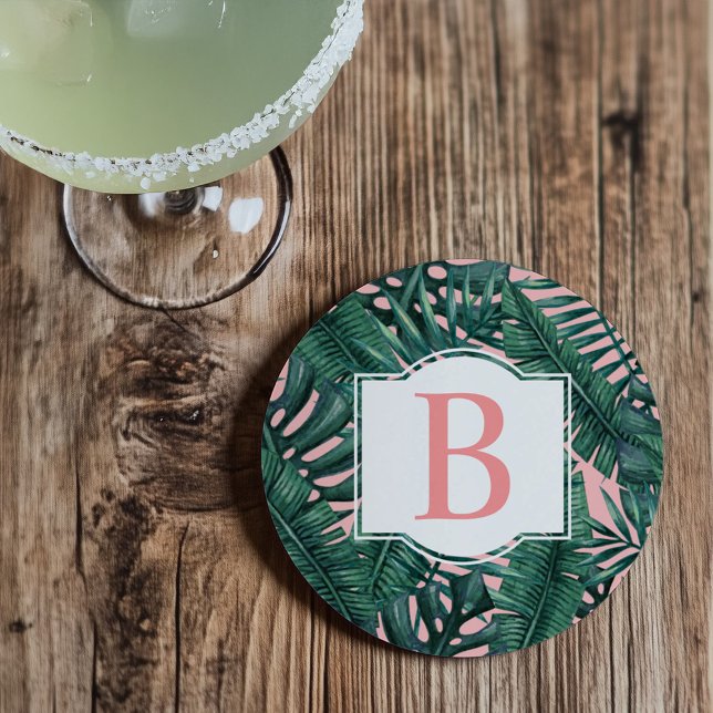 Tropical Green Palm Leaves Coral Monogram Coaster (Creator Uploaded)