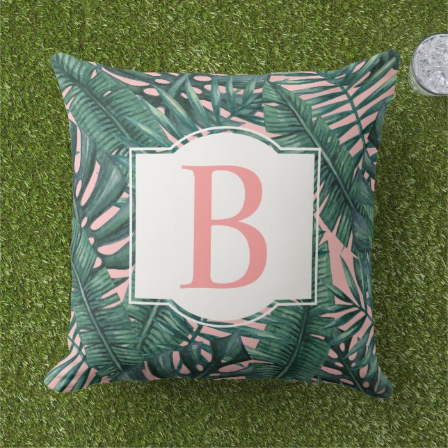 Tropical Green Palm Leaves Coral Monogram Outdoor Pillow (Grass)