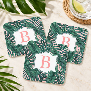 Tropical Green Palm Leaves Coral Monogram Square Paper Coaster