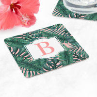 Tropical Green Palm Leaves Coral Monogram