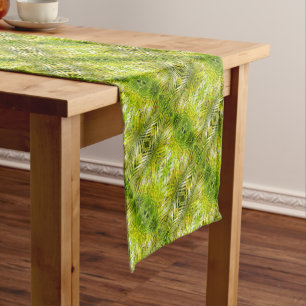 Tropical green palm leaves diagonal pattern short table runner