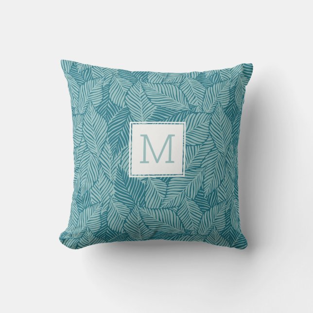 Tropical Green Palm Leaves Ferns Custom Monogram Outdoor Pillow (Front)