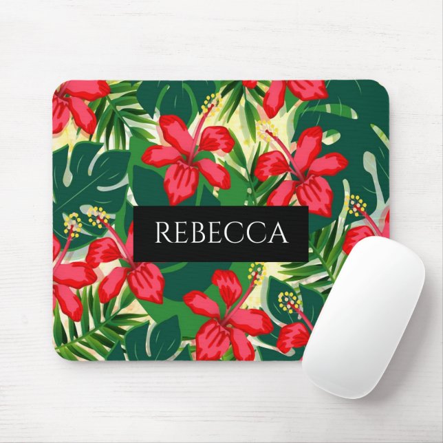 Tropical Green Palm Leaves Monogram Colourful Mouse Pad (With Mouse)