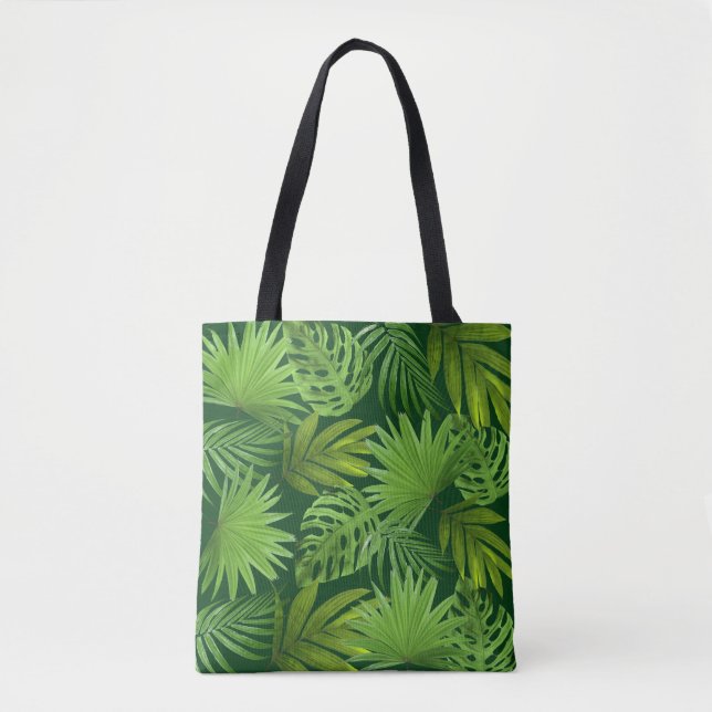 Tropical Green Palm Leaves on Forest Green Tote Bag (Front)