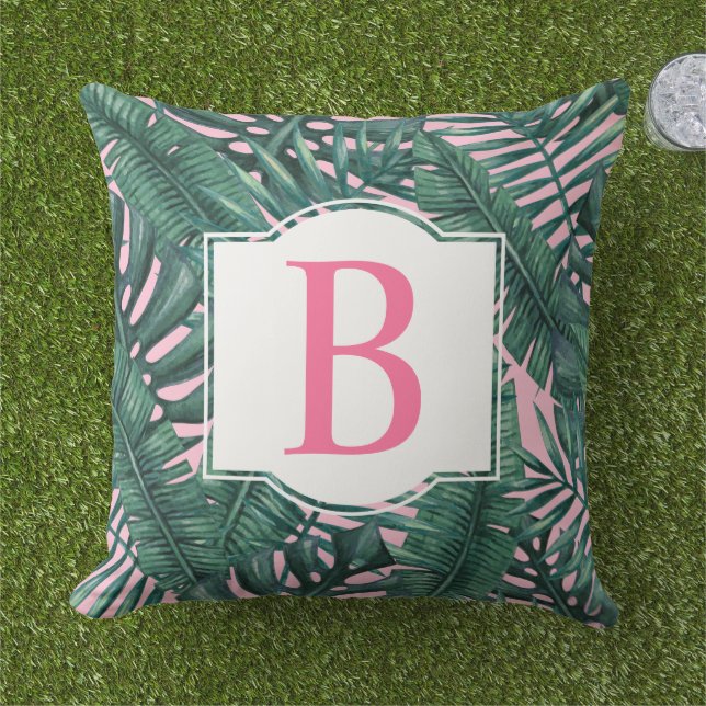 Tropical Green Palm Leaves Pink Monogram Outdoor Pillow (Grass)