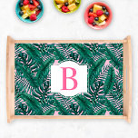 Tropical Green Palm Leaves Pink Monogram Serving Tray<br><div class="desc">Tropical girly style serving tray design features a green palm and monstera leaf pattern of layered fronds with pastel pink background. White decorative frame has a monogram letter in bright hot pink (can be customized) that you can personalize with your last name initial.</div>