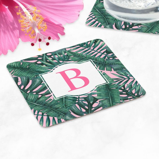 Tropical Green Palm Leaves Pink Monogram Square Paper Coaster (Creator Uploaded)