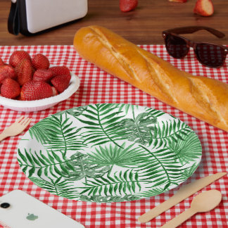 Tropical Green Palm Leaves Summer Art Pattern Paper Plate