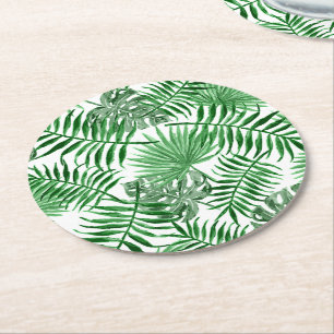 Tropical Green Palm Leaves Summer Art Pattern Round Paper Coaster