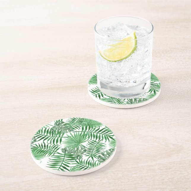 Tropical Green Palm Leaves Summer Watercolor Art Coaster (Side)