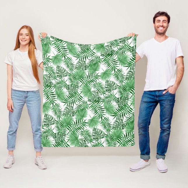 Tropical Green Palm Leaves Summer Watercolor Art Fleece Blanket (In Situ)