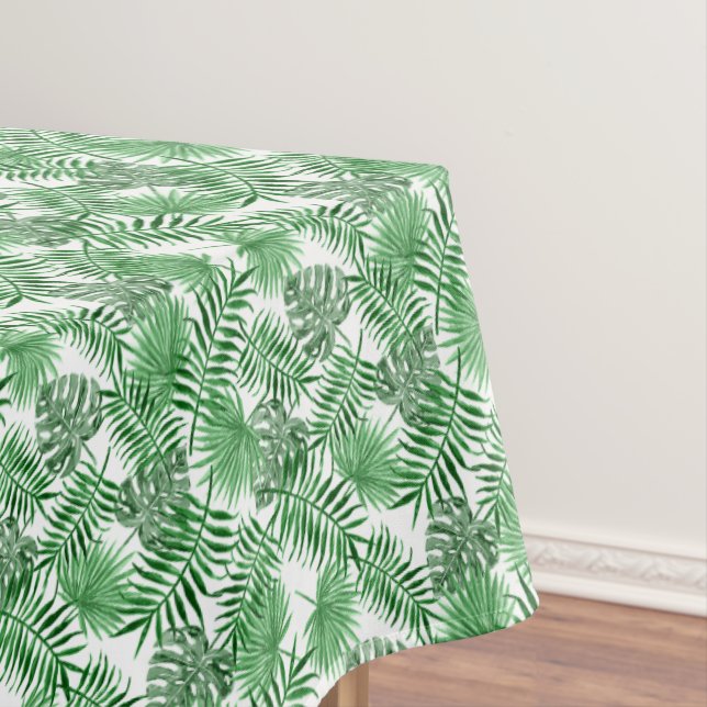 Tropical Green Palm Leaves Summer Watercolor Art Tablecloth (In Situ)