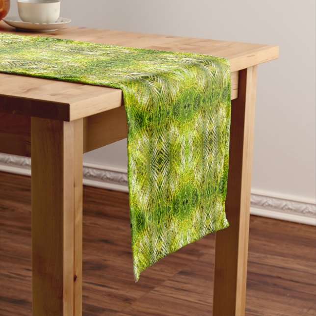 Tropical green palm leaves sunlight pattern short table runner (In Situ)