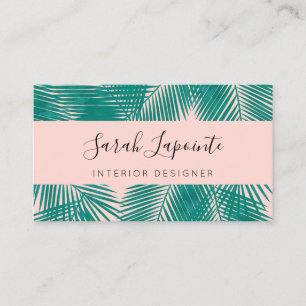 Tropical Green Palm Leaves Trendy Design on Pink Business Card