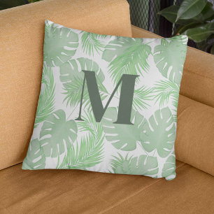 Tropical Green Palm Leaves Watercolor Throw Pillow