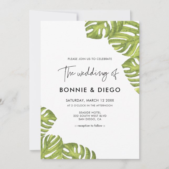 Tropical green palm leaves wedding invitation (Front)