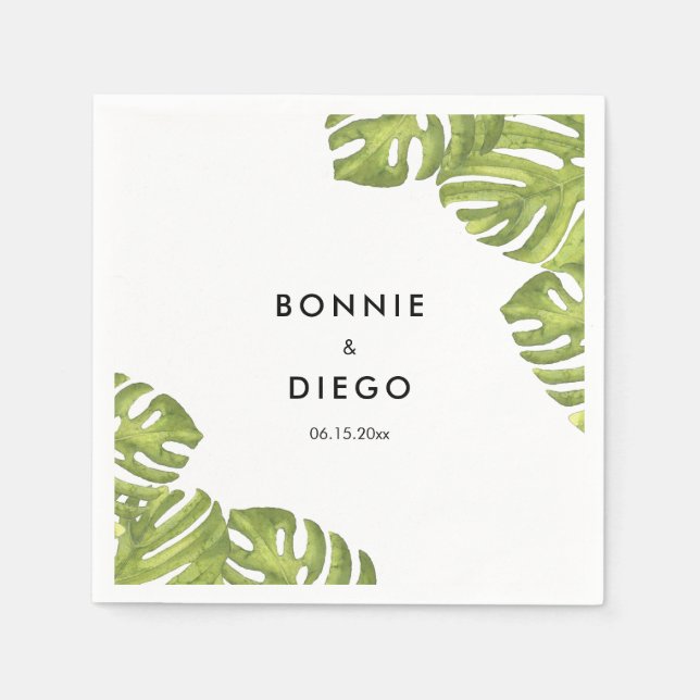 Tropical green palm leaves wedding napkin (Front)