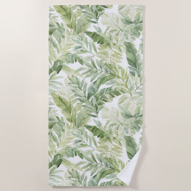 Tropical Green Palm Tree Leaves Beach Towel (Front)