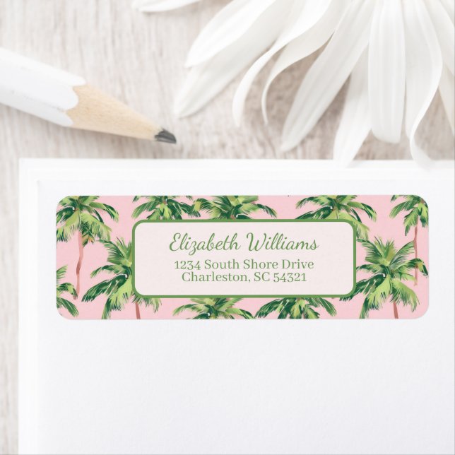 Tropical Green Palm Trees on Pink Return Address (Insitu)