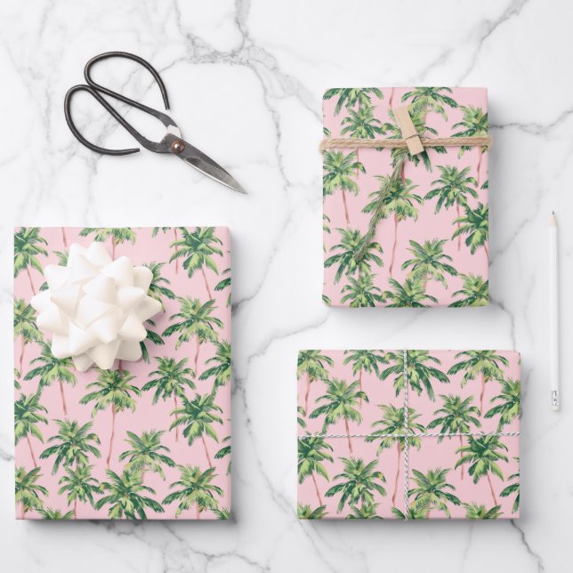 Tropical Green Palm Trees on Pink Wrapping Paper Sheet (Front)