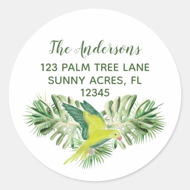 Tropical Green Parrot Round Return Address Label (Front)
