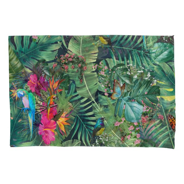 Tropical green plant leaves & Parrods Pillowcase (Front)