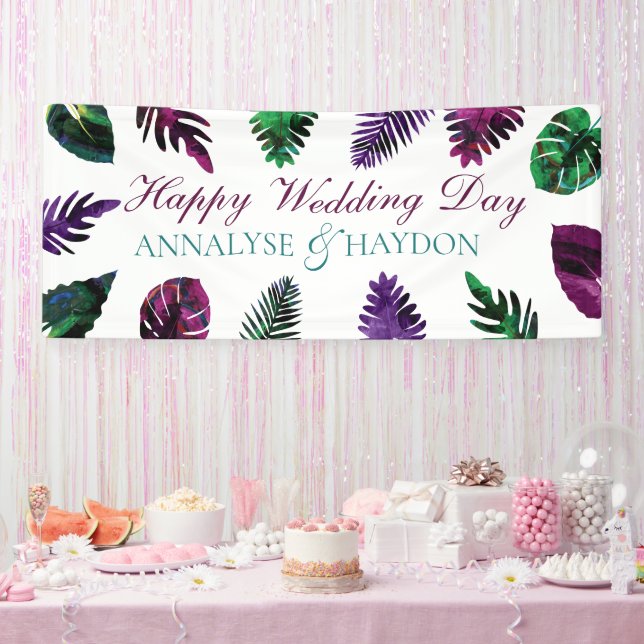Tropical Green, Plum Purple, Berry Pink Leaves Banner (Party)