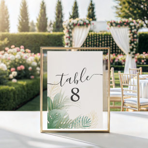 Tropical Green Watercolor Foliage Wedding Table Number