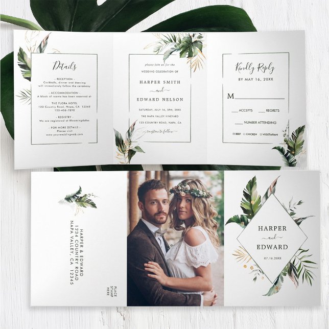 Tropical Green Watercolor Leaves Wedding Tri-Fold  (Inside & Outside)