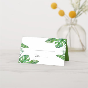 Tropical Green Watercolor Monstera Leaves Wedding Place Card