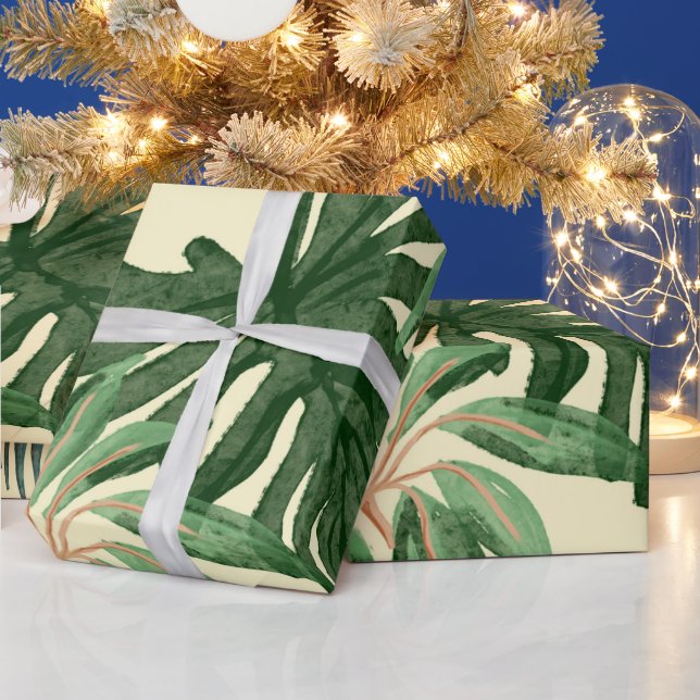 Tropical Green Watercolor Monstera & Palm Leaves Wrapping Paper (Holidays)
