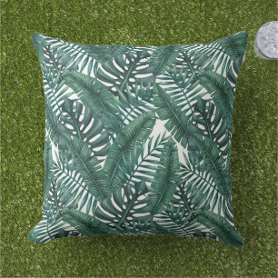 Tropical Green Watercolor Palm Leaves Pattern Outdoor Pillow