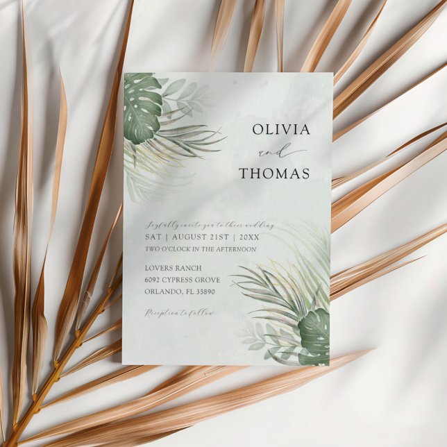 Tropical Green Watercolor Palm Leaves Wedding Invitation (Creator Uploaded)