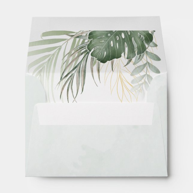 Tropical Green Watercolor Palm Wedding Envelope (Back (Bottom))