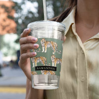 Tropical Green Watercolor Tigers Pattern With Name