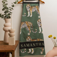 Tropical Green Watercolor Tigers Pattern With Name