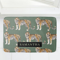 Tropical Green Watercolor Tigers Pattern With Name