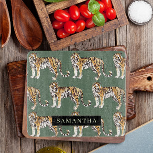 Tropical Green Watercolor Tigers Pattern With Name Cutting Board