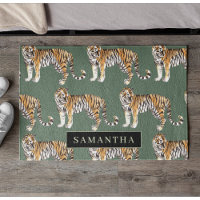 Tropical Green Watercolor Tigers Pattern With Name