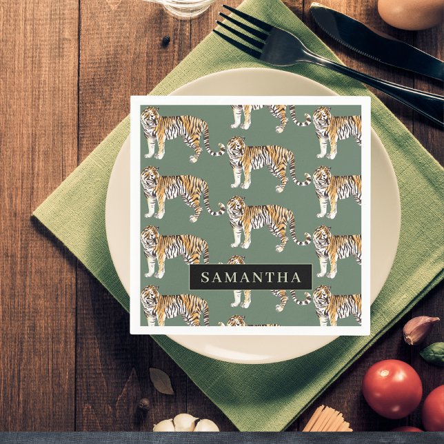 Tropical Green Watercolor Tigers Pattern With Name Napkin (Creator Uploaded)