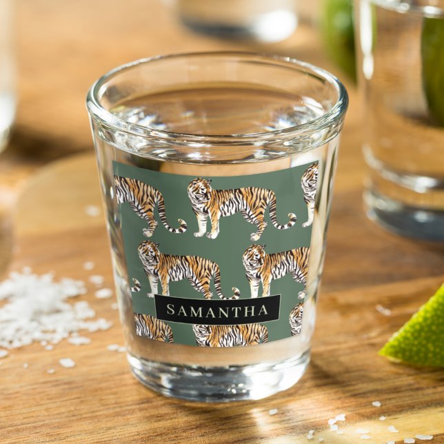 Tropical Green Watercolor Tigers Pattern With Name Shot Glass (Creator Uploaded)