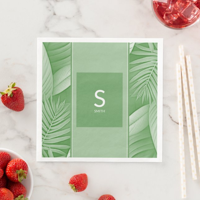 Tropical Green Wedding Monogram Paper Napkin (Insitu)