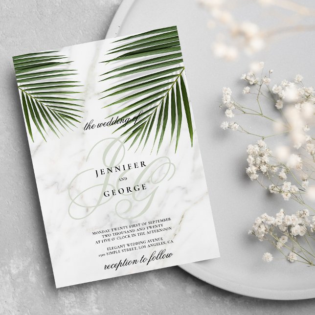 Tropical green white marble monogram wedding  invitation (Tropical green white marble monogram wedding)