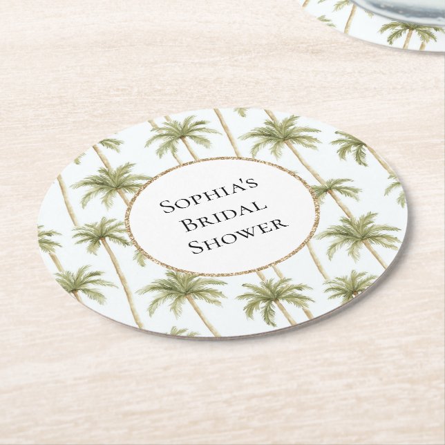 Tropical Green White Palm Trees Bridal Shower Round Paper Coaster (Angled)