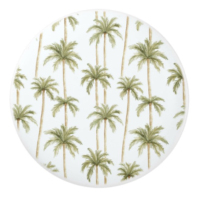 Tropical Green White Palm Trees Ceramic Knob (Front)