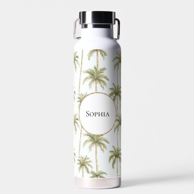 Tropical Green White Palm Trees   Water Bottle (Front)