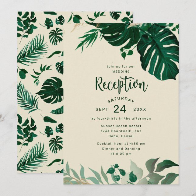 Tropical Green with Gold Foliage Wedding Reception Invitation (Front/Back)