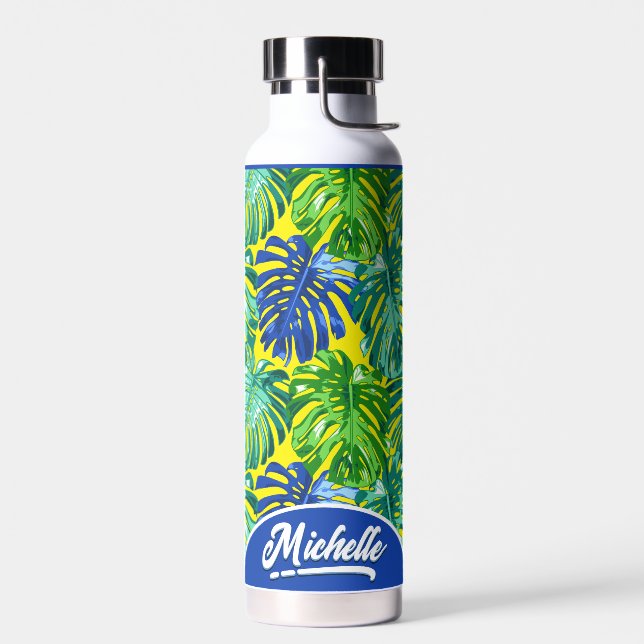 Tropical Green Yellow Jungle Leaves Name Custom Water Bottle (Left)