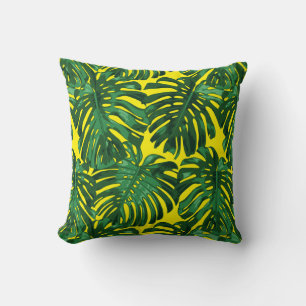Tropical Green Yellow Jungle Leaves Pattern Throw Pillow